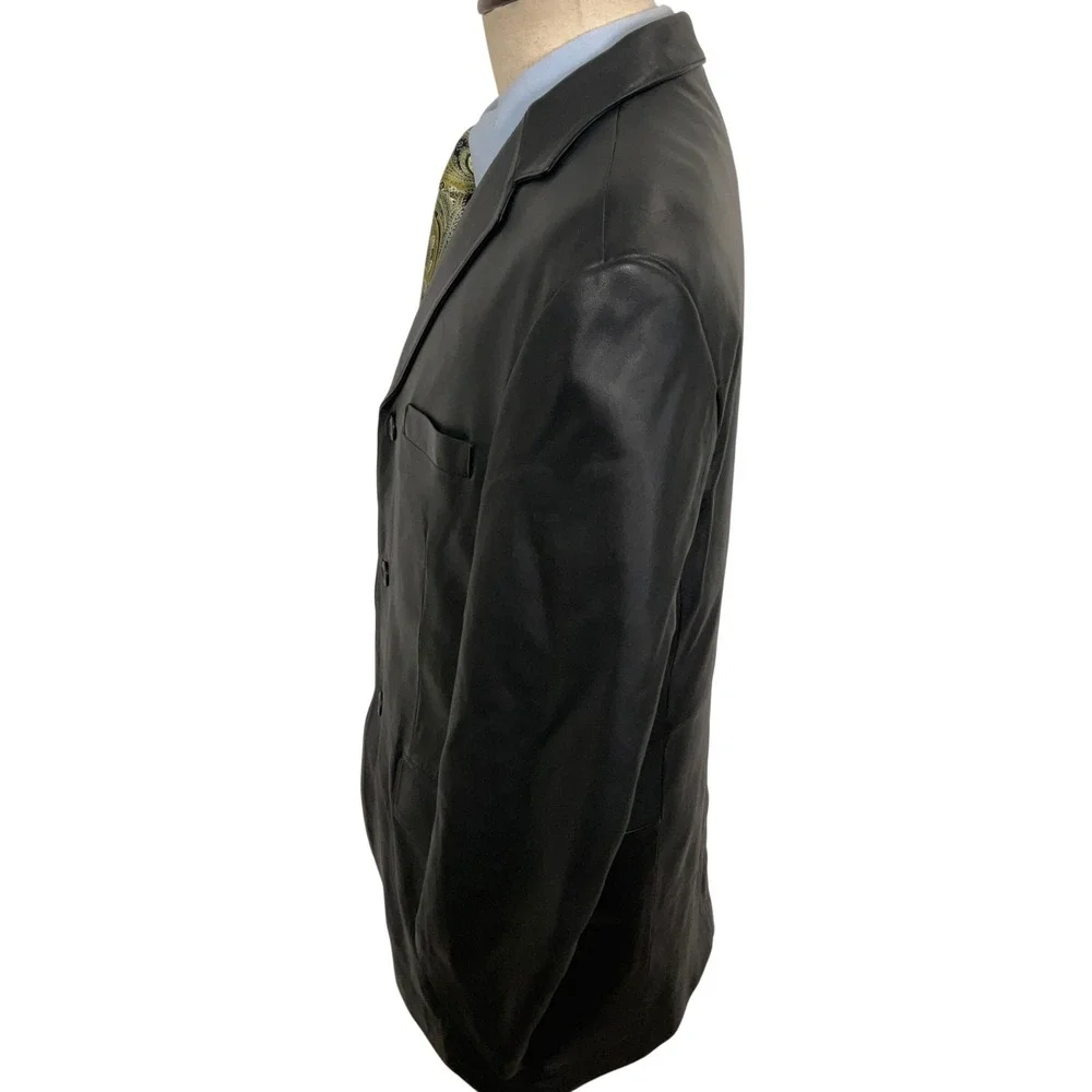 Stafford‎ Leather Blazer Mens Medium Black 3 Button Luxury Matrix Goth Jacket